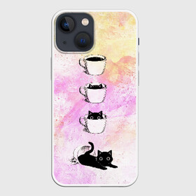 Чехол для iPhone 13 mini с принтом catfee в Кировске,  |  | cat | coffee | кот | котёнок | кофе | кошка | краски | чашка | черный кот