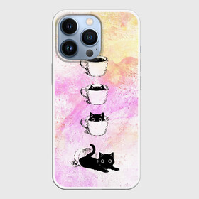 Чехол для iPhone 13 Pro с принтом catfee в Кировске,  |  | Тематика изображения на принте: cat | coffee | кот | котёнок | кофе | кошка | краски | чашка | черный кот