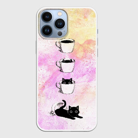 Чехол для iPhone 13 Pro Max с принтом catfee в Кировске,  |  | Тематика изображения на принте: cat | coffee | кот | котёнок | кофе | кошка | краски | чашка | черный кот