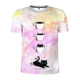 Мужская футболка 3D спортивная с принтом catfee в Кировске, 100% полиэстер с улучшенными характеристиками | приталенный силуэт, круглая горловина, широкие плечи, сужается к линии бедра | Тематика изображения на принте: cat | coffee | кот | котёнок | кофе | кошка | краски | чашка | черный кот