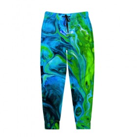 Мужские брюки 3D с принтом Зеленые и голубые разводы в Кировске, 100% полиэстер | манжеты по низу, эластичный пояс регулируется шнурком, по бокам два кармана без застежек, внутренняя часть кармана из мелкой сетки | 