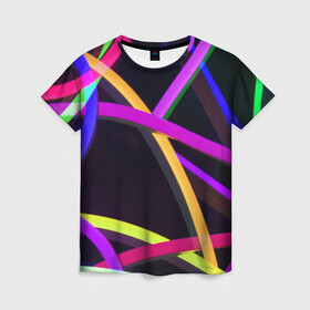 Женская футболка 3D с принтом Светящиеся полосы в Кировске, 100% полиэфир ( синтетическое хлопкоподобное полотно) | прямой крой, круглый вырез горловины, длина до линии бедер | abstract | neon | абстрактно | абстрактный | абстракция | линии | неон | неонка | неоновая | неоновые | неоновый | полоски | полосы | разноцветные | светящиеся | цветные