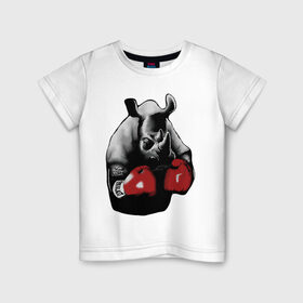Детская футболка хлопок с принтом носорог в боксерских перчатках в Кировске, 100% хлопок | круглый вырез горловины, полуприлегающий силуэт, длина до линии бедер | бокс | носорог | носорог в боксерских перчатках | перчатки | силовой спорт