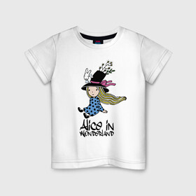 Детская футболка хлопок с принтом Алиса в стране чудес в Кировске, 100% хлопок | круглый вырез горловины, полуприлегающий силуэт, длина до линии бедер | alice | dress | girl | hair | hat | rabbit | ribbon | tale | wings | алиса | бант | волосы | девочка | кролик | крылья | лицо | платье | сказка | шляпа