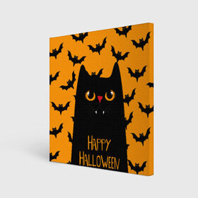 Холст квадратный с принтом Happy halloween в Кировске, 100% ПВХ |  | halloween | horror | вампир | кот | кот вампир | котик | кошка | летучие мыши | мыши | пятница 13 | страшилки | страшно | ужасы | хоррор | хэллоуин