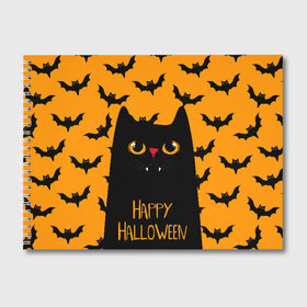 Альбом для рисования с принтом Happy halloween в Кировске, 100% бумага
 | матовая бумага, плотность 200 мг. | halloween | horror | вампир | кот | кот вампир | котик | кошка | летучие мыши | мыши | пятница 13 | страшилки | страшно | ужасы | хоррор | хэллоуин