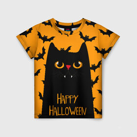 Детская футболка 3D с принтом Happy halloween в Кировске, 100% гипоаллергенный полиэфир | прямой крой, круглый вырез горловины, длина до линии бедер, чуть спущенное плечо, ткань немного тянется | halloween | horror | вампир | кот | кот вампир | котик | кошка | летучие мыши | мыши | пятница 13 | страшилки | страшно | ужасы | хоррор | хэллоуин