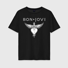 Женская футболка хлопок Oversize с принтом Bon Jovi в Кировске, 100% хлопок | свободный крой, круглый ворот, спущенный рукав, длина до линии бедер
 | bon jovi | john | альбом | арена | бон | бон джови | глэм | группа | джови | джон | метал | музыка | надпись | песни | поп | попрок | рок | рокер | смайл | солист | софт | стена | хард | хеви | хевиметал