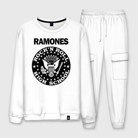 Мужской костюм хлопок с принтом Ramones в Кировске, 100% хлопок | на свитшоте круглая горловина, мягкая резинка по низу. Брюки заужены к низу, на них два вида карманов: два “обычных” по бокам и два объемных, с клапанами, расположенные ниже линии бедра. Брюки с мягкой трикотажной резинкой на поясе и по низу штанин. В поясе для дополнительного комфорта — широкие завязки | ramone | ramones | группа | джонни | джоуи | ди ди томми | марки | панк | поп | раманес | раманэс | рамон | рамонес | рамонэс | рамоун | рамоунз | рамоунс | рок | хард | хардрок