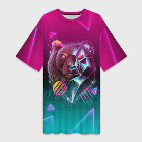 Платье-футболка 3D с принтом RETRO CYBER BEAR NEON в Кировске,  |  | hotline miami | neon | new retro wave | outrun | outrun electro | retro | retrowave | synth | synthwave | медведь | неон | ретро | хотлайн майами