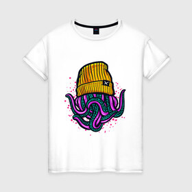Женская футболка хлопок с принтом Octopus в Кировске, 100% хлопок | прямой крой, круглый вырез горловины, длина до линии бедер, слегка спущенное плечо | emo | lil peep | octopus | purple | rap | rock | в шапке | желтый | монстр | осьминог | тату | татуировка | фиолетовый | щупальца | щупальцы | яркий цвет