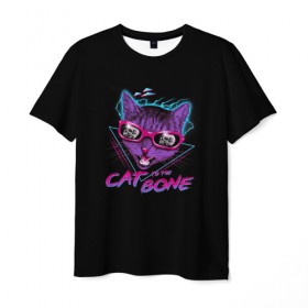 Мужская футболка 3D с принтом Cat To The Bone в Кировске, 100% полиэфир | прямой крой, круглый вырез горловины, длина до линии бедер | Тематика изображения на принте: 80 | bone | bones | cat | cyber | game | hotline | hotlinemiami | maiami | music | outrun | retro | retrowave | skull | synth | synthwave | игра | кибер | кот | кошка | ретро | череп