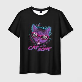 Мужская футболка 3D с принтом Cat To The Bone в Кировске, 100% полиэфир | прямой крой, круглый вырез горловины, длина до линии бедер | Тематика изображения на принте: 80 | bone | bones | cat | cyber | game | hotline | hotlinemiami | maiami | music | outrun | retro | retrowave | skull | synth | synthwave | игра | кибер | кот | кошка | ретро | череп