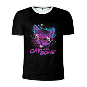 Мужская футболка 3D спортивная с принтом Cat To The Bone в Кировске, 100% полиэстер с улучшенными характеристиками | приталенный силуэт, круглая горловина, широкие плечи, сужается к линии бедра | 80 | bone | bones | cat | cyber | game | hotline | hotlinemiami | maiami | music | outrun | retro | retrowave | skull | synth | synthwave | игра | кибер | кот | кошка | ретро | череп