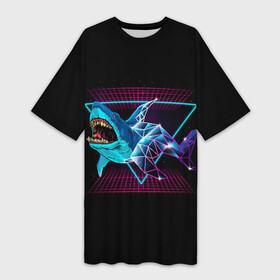 Платье-футболка 3D с принтом Shark в Кировске,  |  | 80 | cyber | dark | game | hotline | hotlinemiami | maiami | moon | music | outrun | retro | retrowave | shark | synth | synthwave | акула | игра | кибер | луна | море | ночь | океан | ретро