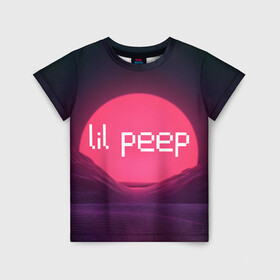 Детская футболка 3D с принтом lil peep(Logo) в Кировске, 100% гипоаллергенный полиэфир | прямой крой, круглый вырез горловины, длина до линии бедер, чуть спущенное плечо, ткань немного тянется | cry baby | lil peep | logo | rap | заход солнца | знаменитости. эмо | известный исполнитель | неон | пип | редактируемое лого | реп | розоватый оттенок | рок | рэп | яркий фон