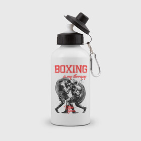 Бутылка спортивная с принтом Boxing is my therapy в Кировске, металл | емкость — 500 мл, в комплекте две пластиковые крышки и карабин для крепления | boxing | mike tyson | my therapy | бокс | майк тайсон
