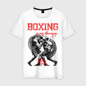 Мужская футболка хлопок с принтом Boxing is my therapy в Кировске, 100% хлопок | прямой крой, круглый вырез горловины, длина до линии бедер, слегка спущенное плечо. | boxing | mike tyson | my therapy | бокс | майк тайсон