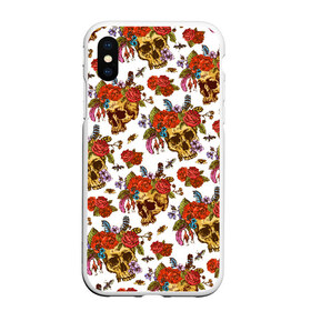 Чехол для iPhone XS Max матовый с принтом Skulls and Roses в Кировске, Силикон | Область печати: задняя сторона чехла, без боковых панелей | Тематика изображения на принте: flowers | halloween | rose | skull | tattoo | жуки | насекомые | роза | тату | татуировка | хеллоуин | хэллоуин | цветок | цветы | череп