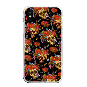 Чехол для iPhone XS Max матовый с принтом Skulls and Roses в Кировске, Силикон | Область печати: задняя сторона чехла, без боковых панелей | Тематика изображения на принте: flowers | halloween | rose | skull | tattoo | жуки | насекомые | роза | тату | татуировка | хеллоуин | хэллоуин | цветок | цветы | череп