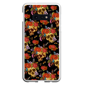 Чехол для Samsung S10E с принтом Skulls and Roses в Кировске, Силикон | Область печати: задняя сторона чехла, без боковых панелей | flowers | halloween | rose | skull | tattoo | жуки | насекомые | роза | тату | татуировка | хеллоуин | хэллоуин | цветок | цветы | череп