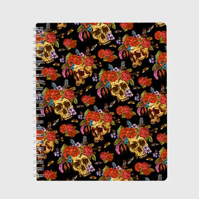 Тетрадь с принтом Skulls and Roses в Кировске, 100% бумага | 48 листов, плотность листов — 60 г/м2, плотность картонной обложки — 250 г/м2. Листы скреплены сбоку удобной пружинной спиралью. Уголки страниц и обложки скругленные. Цвет линий — светло-серый
 | Тематика изображения на принте: flowers | halloween | rose | skull | tattoo | жуки | насекомые | роза | тату | татуировка | хеллоуин | хэллоуин | цветок | цветы | череп