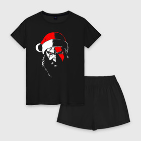 Женская пижама с шортиками хлопок с принтом Santa Kratos в Кировске, 100% хлопок | футболка прямого кроя, шорты свободные с широкой мягкой резинкой | 20 | 2020 | christmas | claus | god | kratos | merry | new | of | santa | war | year | бог | войны | год | дед | клаус | кратос | мороз | новый | новый год | праздник | рождество | санта | хипстер