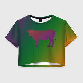 Женская футболка Crop-top 3D с принтом Корова(трехцветный градиент) в Кировске, 100% полиэстер | круглая горловина, длина футболки до линии талии, рукава с отворотами | animals | животные | звери | корова | коровка | коровы | мягкий цвет | прикольная картинка | простая картинка
