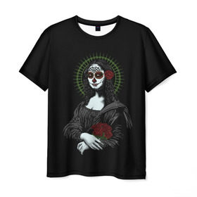 Мужская футболка 3D с принтом Mona Lisa - Santa Muerte в Кировске, 100% полиэфир | прямой крой, круглый вырез горловины, длина до линии бедер | dead | death | lisa | mona | muerte | muertos | santa | день | искуство | картина | лиза | мона | муэрте | муэртес | муэртос | роза | розы | санта | тату | татуировка | цветы | череп