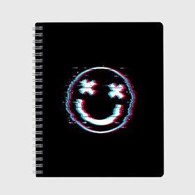 Тетрадь с принтом Glitch Smile в Кировске, 100% бумага | 48 листов, плотность листов — 60 г/м2, плотность картонной обложки — 250 г/м2. Листы скреплены сбоку удобной пружинной спиралью. Уголки страниц и обложки скругленные. Цвет линий — светло-серый
 | Тематика изображения на принте: art | glitch | smile | арт | глитч | глич | картинка | картинки | мода | прикольная | прикольные | смайл | смайли | смайлик | тренд | тренды