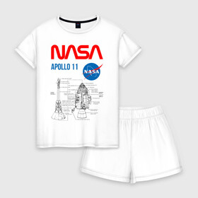Женская пижама с шортиками хлопок с принтом Nasa Apollo 11 (двухсторонняя) в Кировске, 100% хлопок | футболка прямого кроя, шорты свободные с широкой мягкой резинкой | apollo 11 | apolo 11 | apolon 11 | аполлон 11 | аполон 11 | наса | насса