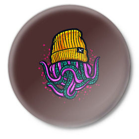 Значок с принтом Octopus(Lil Peep, GBC) в Кировске,  металл | круглая форма, металлическая застежка в виде булавки | gbc | lil | peep | rap | rock | бордовый | желтый | зеленый | исполнитель | картинка | надпись на спине | осьминог | редактируемый дизайн | рок | рэп | рэпер | сочный цвет | фиолетовый
