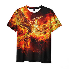 Мужская футболка 3D с принтом Феникс в огне в Кировске, 100% полиэфир | прямой крой, круглый вырез горловины, длина до линии бедер | Тематика изображения на принте: fire | flame | phoenix | крылья | огонь | перья | пламя | птица | феникс