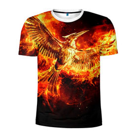 Мужская футболка 3D спортивная с принтом Феникс в огне в Кировске, 100% полиэстер с улучшенными характеристиками | приталенный силуэт, круглая горловина, широкие плечи, сужается к линии бедра | Тематика изображения на принте: fire | flame | phoenix | крылья | огонь | перья | пламя | птица | феникс