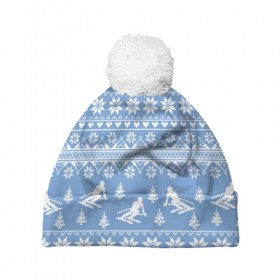 Шапка 3D c помпоном с принтом Вязаный свитер с лыжниками в Кировске, 100% полиэстер | универсальный размер, печать по всей поверхности изделия | горы | зима | лыжи | природа | снег | спорт