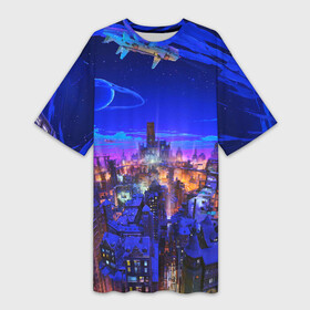 Платье-футболка 3D с принтом Сказочный город в Кировске,  |  | star | stars | texture | вечер | вечерние иллюстрации | звезда | звезды | ночной пейзаж | ночные | ночь | природа | прогулки | текстуры