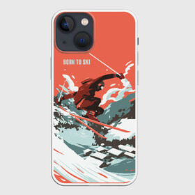 Чехол для iPhone 13 mini с принтом BORN TO SKI в Кировске,  |  | горы | зима | лыжи | природа | снег | спорт