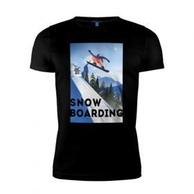 Мужская футболка премиум с принтом сноубордист в Кировске, 92% хлопок, 8% лайкра | приталенный силуэт, круглый вырез ворота, длина до линии бедра, короткий рукав | горы | зима | природа | снег | сноуборд | спорт
