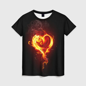 Женская футболка 3D с принтом Огненное сердце в Кировске, 100% полиэфир ( синтетическое хлопкоподобное полотно) | прямой крой, круглый вырез горловины, длина до линии бедер | 14 февраля | heart | в подарок | горящее | день святого валентина | для влюбленных | для подарка | огненный | огонь | сердце