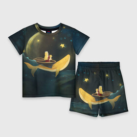 Детский костюм с шортами 3D с принтом Девушка и кит в облаках в Кировске,  |  | Тематика изображения на принте: вечер | волшебство | девочка | звезды | иллюстрация | кит | космос | магия | небо | ночь | облака | планета