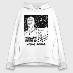 Женское худи Oversize хлопок с принтом VELIAL SQUAD в Кировске, френч-терри — 70% хлопок, 30% полиэстер. Мягкий теплый начес внутри —100% хлопок | боковые карманы, эластичные манжеты и нижняя кромка, капюшон на магнитной кнопке | velial squad | музыка | отряд велиала | рэп | хорроркор | чёрный и белый