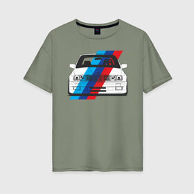 Женская футболка хлопок Oversize с принтом BMW M3 (E30) (M флаг) в Кировске, 100% хлопок | свободный крой, круглый ворот, спущенный рукав, длина до линии бедер
 | bmw | bmw m3 | bmw m3 e30 | e30 | m3 | бмв | бмв м3 | м3