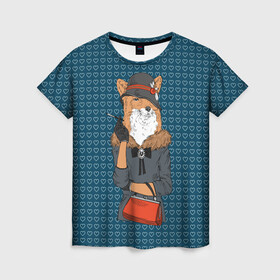 Женская футболка 3D с принтом Модница лиса в Кировске, 100% полиэфир ( синтетическое хлопкоподобное полотно) | прямой крой, круглый вырез горловины, длина до линии бедер | fox | foxy | животное | зима | лис | лиса | лисенок | лисы | милая | пальто | пушистая | пушистик | рыжая