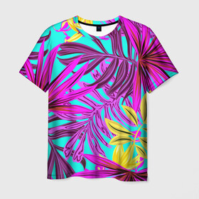 Мужская футболка 3D с принтом ТРОПИЧЕСКИЙ в Кировске, 100% полиэфир | прямой крой, круглый вырез горловины, длина до линии бедер | bright | colorful | neon | retro | vintage | винтаж | неон | неоновые | пальмы | ретро | ретро неон | тропики | тропические листья