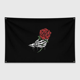 Флаг-баннер с принтом Рука скелета с розой в Кировске, 100% полиэстер | размер 67 х 109 см, плотность ткани — 95 г/м2; по краям флага есть четыре люверса для крепления | core | hand | hardcore | skeleton | tatoo | роза | романтика | рука | скелет | тату | цветок | черный фон