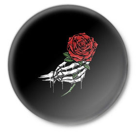 Значок с принтом Рука скелета с розой в Кировске,  металл | круглая форма, металлическая застежка в виде булавки | core | hand | hardcore | skeleton | tatoo | роза | романтика | рука | скелет | тату | цветок | черный фон