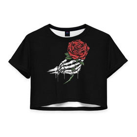 Женская футболка Cropp-top с принтом Рука скелета с розой в Кировске, 100% полиэстер | круглая горловина, длина футболки до линии талии, рукава с отворотами | core | hand | hardcore | skeleton | tatoo | роза | романтика | рука | скелет | тату | цветок | черный фон