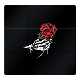 Магнитный плакат 3Х3 с принтом Рука скелета с розой в Кировске, Полимерный материал с магнитным слоем | 9 деталей размером 9*9 см | Тематика изображения на принте: core | hand | hardcore | skeleton | tatoo | роза | романтика | рука | скелет | тату | цветок | черный фон