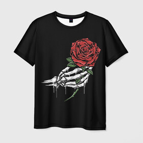 Мужская футболка 3D с принтом Рука скелета с розой в Кировске, 100% полиэфир | прямой крой, круглый вырез горловины, длина до линии бедер | Тематика изображения на принте: core | hand | hardcore | skeleton | tatoo | роза | романтика | рука | скелет | тату | цветок | черный фон
