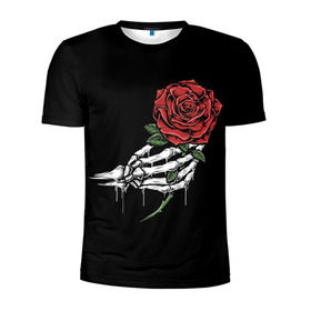 Мужская футболка 3D спортивная с принтом Рука скелета с розой в Кировске, 100% полиэстер с улучшенными характеристиками | приталенный силуэт, круглая горловина, широкие плечи, сужается к линии бедра | Тематика изображения на принте: core | hand | hardcore | skeleton | tatoo | роза | романтика | рука | скелет | тату | цветок | черный фон